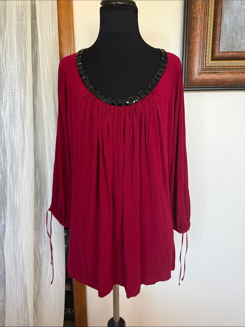 Beaded Scoop-Neck Burgundy Tunic Top